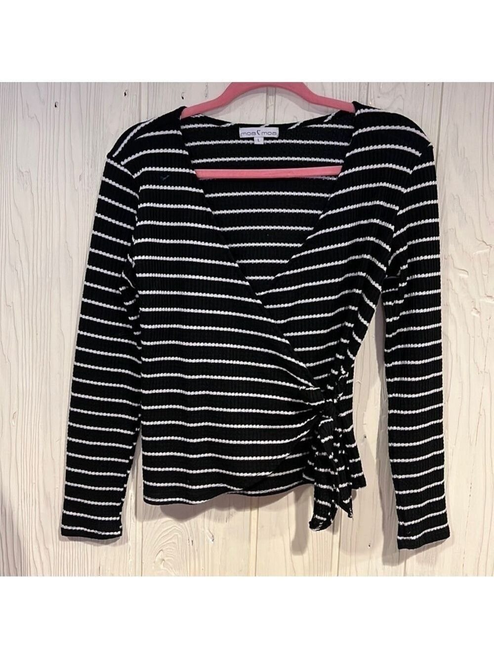 MOA MOA Black and White Faux Wrap Sweater Large